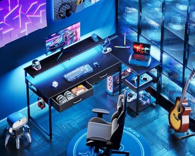 Coleshome 48 Inch L Shaped Gaming Desk with 2 Drawers & Storage Shelves, Computer Desk with USB Ports, Study Writing Table for Bedroom, Simple Modern Laptop Desk for Home Office, Black - Image 2