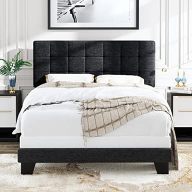 Allewie Full Size Panel Bed Frame with Adjustable Headboard for High Profile/Fabric Upholstered/Square Stitched Padded Headboard/Box Spring or Bunkie Board Required/Dark Grey - Image 6