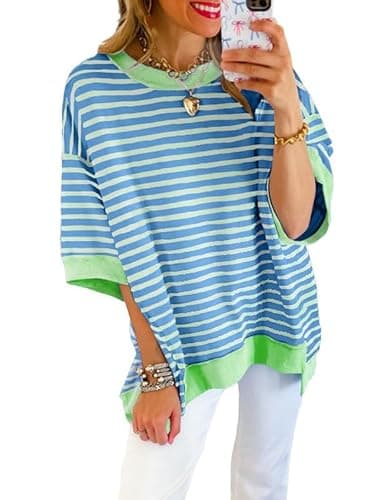 SHEWIN Shirts for Women 2025 Loose Short Sleeve Sweatshirt Cute Womens Summer Tops Dressy Casual Crewneck Color Block Tee Shirt Trendy Spring Outfits Sky Blue Stripe XL - Image 2
