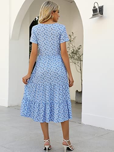 Lyrur Floral Midi Dress Womens Short Sleeve Belted Tiered Babydoll Flowy Casual Summer Sundress with Pockets(XL,9191-Blu Daisy) - Image 2