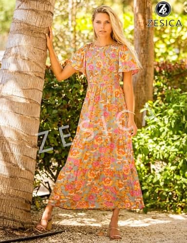 ZESICA Women's 2024 Summer Casual Floral Print Short Flutter Sleeve Crew Neck Smocked High Waist Flowy Maxi Dress,GreyGreen,Medium - Image 4