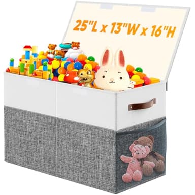 Large Toy Storage Box with Lid Divider, Sturdy Collapsible Toys Organizer Chest Kids Storage Bins Boxes Baskets for Boys, Girls, Nursery, Bedroom, Living Room, Playroom, 25"x13"x16", Gray and White - Image 1