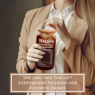 Teacher Appreciation Gifts for Women - Birthday, Valentines, Back To School, Thank You Gifts for Teachers Women - Preschool Daycare Teaching Glass Cup with Lid, Straw & Brush - 16 Oz Can Glass - Image 5