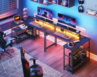 ODK 48 Inch Gaming Desk with USB Charging Ports and LED Lights, Reversible L Shaped Computer Desk with Storage Shelves & Monitor Stand, Corner Gamer Desk Table with Power Outlets, Black - Image 2