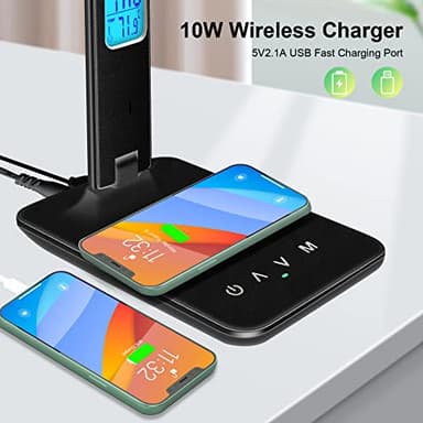 Desk Lamp with Wireless Charger，USB Charging Port, Dimmable Office Desk Light with Clock, Alarm, Date, Temperature, Foldable Lamp for Table Bedroom Bedside Office (Black, Standard Size-13.3 inch) - Image 4