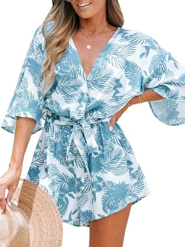 CUPSHE Women's Tropical Floral Leaf Print Belted Romper Mini Jumpsuit with Flare Sleeves - Image 1