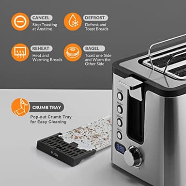 Mecity 4 Slice Toaster, Long Slot Toaster With Countdown Timer, Bagel/Defrost/Reheat/Cancel Functions,Warming Rack, Removable Tray, 6 Browning Settings, Extra Wide Slots, Stainless Steel, 1300W - Image 2