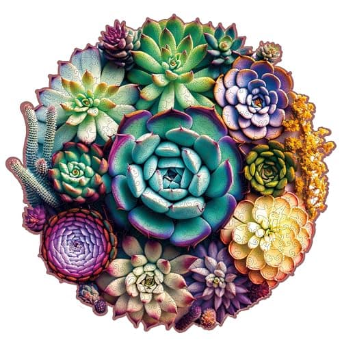 Mys Aurora Puzzles for Adults 1000 Pieces, Mandala Succulent Plants Wooden Puzzles Unique Shaped Jigsaw Challenging Puzzle Gift for Family Game 23.4'' x 22.6'' - Image 1