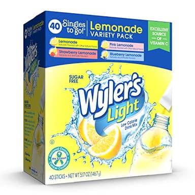 Wyler's Light Lemonade Variety Pack, 40 ct Singles to Go Powder Packets, Water Drink Mix, Variety Pack, Pink, Strawberry & Blueberry Lemonade, Sugar & Caffeine Free, On-The-Go,(Pack of 1) - Image 1
