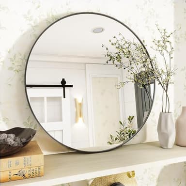 VooBang Black Round Bathroom Mirror, 24 inch Circle Wall Mounted Hanging Mirror with Simple Modern Circular Metal Frame for Hallway, Entryway, Living Room, Black Frame - Image 4