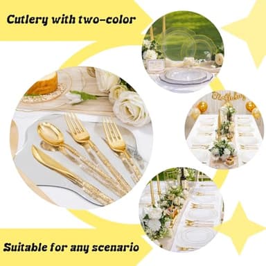 Liacere 150PCS Clear Gold Plastic Plates - Disposable Plastic Silverware with Glitter Bamboo Handle Cutlery-Baroque Clear Gold Disposable Plates for Wedding & Party & Thanksgiving &Fall Decor - Image 3