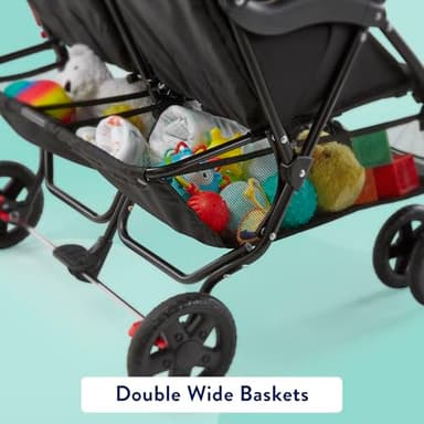 Kolcraft Cloud Plus Lightweight Double Stroller Side-by-Side for Infant Toddler, Compact Folding Travel System with Reclining Seats, Canopies, Storage Basket, Trays, Easy Maneuver – Red Black - Image 4