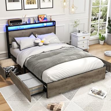 Kiivakii Full Size Bed Frame with 4 Storage Drawers, LED Platform Bed Frames with Headboard, Built in Charging Station, Noise Free, Stable and Solid, No Box Spring Needed, Gray - Image 7