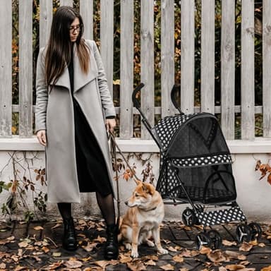 MoNiBloom 4 Wheels Pet Stroller, Easy-Fold Umbrella Shaped Dog Cat Jogger Stroller w/Storage Bag & Visible Mesh for Small/Medium Dogs Cats Black Polka Dots - Image 4