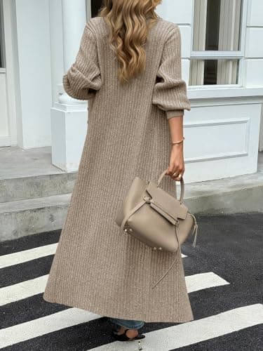 Saodimallsu Womens Long Cardigans V Neck Button Down Chunky Knit Dusters Sweater Coat Fall Trendy Maxi Sweater Dress Khaki - Image 4
