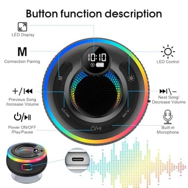 Ddidbi Bluetooth Speaker, HD Stereo Sound Shower Speaker, IPX7 Waterproof, Digital Display Portable with Suction Cup, LED Light, Small Wireless for Outdoor Party Beach Bathroom, Black - Image 3