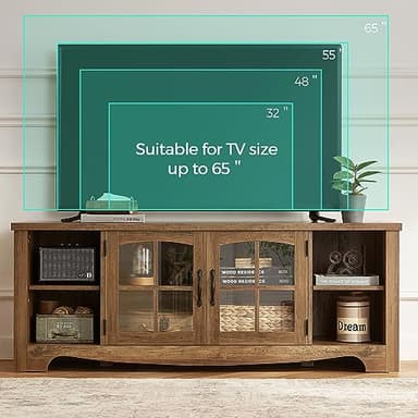 LINSY HOME Farmhouse TV Stand for 65 Inch TV, Wood Entertainment Center with Glass Door Storage Cabinet & Adjustable Shelves, Large Sturdy Console Table for Living Room & Bedroom - Image 2