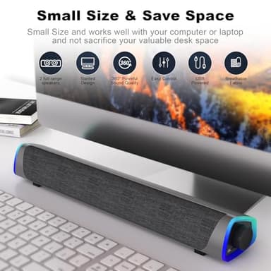 SOULION R30 Computer Speakers, Colorful LED Lights with Switch Button, Surround Sound Portable Computer Sound Bar Speakers for Desktop, Gray - Image 7