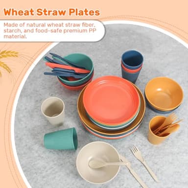 Wheat Straw Dinnerware Sets for 6 (42pcs), SGAOFIEE Unbreakable Dinnerware Set, Kitchen Plates and Bowls Set, Unbreakable Plastic Outdoor Camping Dishes, Dishwasher Microwave Safe, Autumn Multicolor - Image 7