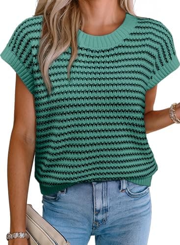 EVALESS Women's Cap Sleeve Sweaters Vest Round Neck Basic Loose Fit Ribbed Knit Pullover Striped 2025 Summer Clothes Dark Green Stripe Large - Image 1