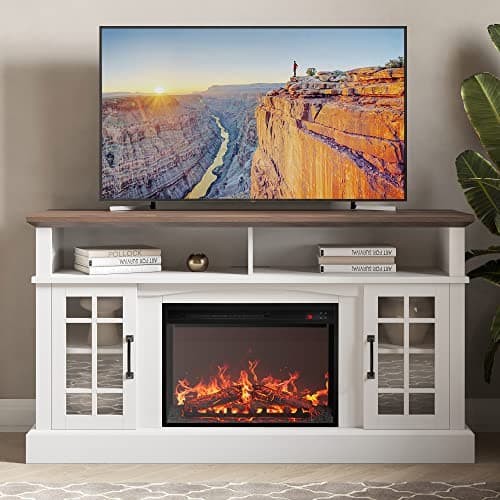 BELLEZE Traditional 58" Rustic TV Stand with 23" Electric Fireplace Heater with Sound, Media Entertainment Center Console Table for TV up to 65" with Open Storage Shelves and Cabinets - White - Image 1