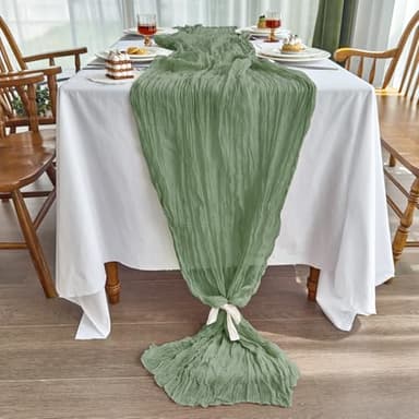 IVAPUPU 2 Pcs Cheesecloth Table Runner - 10ft Sage Green Boho Gauze Cheese Cloth Table Runners for Baby Shower Decoration Wedding Party Summer Garden Farmhouse - Image 3