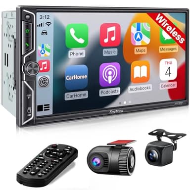 [QLED Screen Upgrade] 7" Double Din Car Stereo with Dash Cam, Wireless Apple CarPlay and Android Auto, Bluetooth 5.3, 240W 4.2-Channel Audio Output, MirrorLink, Backup Camera, AM/FM Car Radio - Image 1