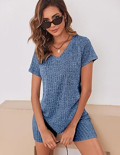 Ekouaer Biker Shorts Sets 2 Piece Ribbed Pajamas Short Sleeve Ribbed Lounge Workout Set for Women Royal Blue - Image 4
