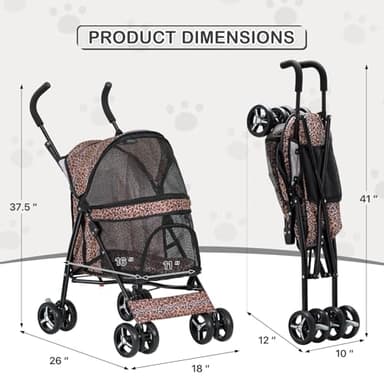 MoNiBloom 4 Wheels Pet Stroller, Easy-Fold Umbrella Shaped Dog Cat Jogger Stroller w/Storage Bag & Visible Mesh for Small/Medium Dogs Cats Leopard Print - Image 2