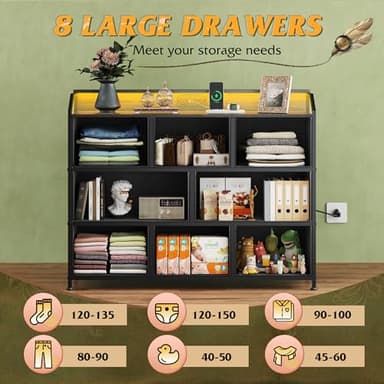 WLIVE Led Dresser for Bedroom, TV Stand for Bedroom with LED Lights and Power Outlet, Wide Chest of Drawers for Hallway, 8 Fabric Drawers for Living Room and Entryway, Charcoal Black Wood Grain Print - Image 5