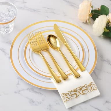 Goodluck 700 Piece Gold Dinnerware Set for 100 Guests, Disposable for Party, Include: 100 Gold Rim Dinner Plates, 100 Dessert Plates, 100 Paper Napkins, 100 Cups, 100 Plastic Silverware Set - Image 2