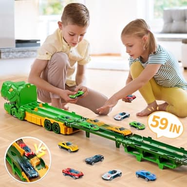 iHaHa Dinosaur Race Track Toys for Ages 3-4 4-6, 59-inches Transport Dinosaur Truck with 12 Die-cast Cars, Carrier Truck Toy Birthday Gifts Toys for 3 4 5 6 Year Old Boy - Image 4