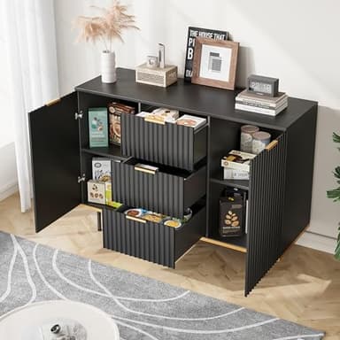 Buffets & Sideboards, Fluted Sideboard Cabinet, 2 Door 3 Drawer Design, Acceent Black Sideboard - Elegant Cabinet Ideal for Dining Room and Kitchen Storage 47.2 inch - Image 6
