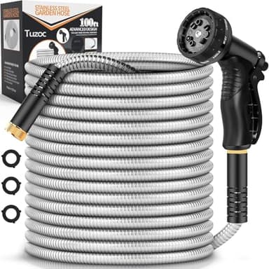 Garden Hose Metal 100FT, Stainless Steel Heavy Duty Water Hose With 10 Function Nozzle, No-Kink, Tough & Flexible, Sturdy and Lightweight, Rust Proof for Yard, Outdoor, RV - Image 1