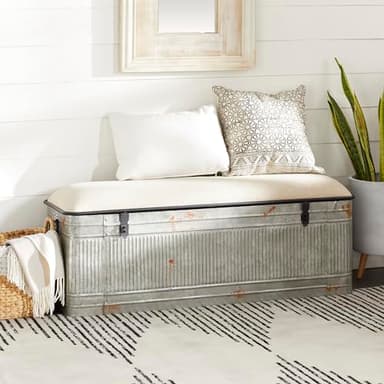 Deco 79 Metal Room Storage Bench Galvanized Entryway Bench with Cream Burlap Top, Bench 50" x 16" x 18", Gray - Image 2