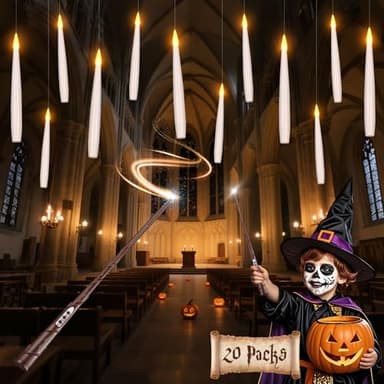 Halloween Decorations Floating Candles with Wand: 20Pcs Flameless Floating Candles with LED Warm Lights Battery Operated Magic Candle for Birthday Gifts Halloween Party Decorations Indoor Home Decor - Image 1