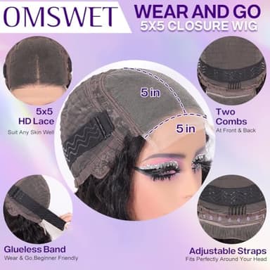 omswet Body Wave BOB Wig Human Hair 5X5 HD Lace Closure Wavy Wigs for Black Women Glueless Wear And Go Wigs Human Hair Pre Plucked Wavy Wig 200 Density Virgin Hair 14 Inch Glueless Body Wave Bob - Image 4