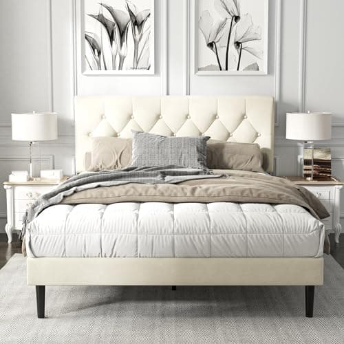 HAOARA Queen Size Platform Bed Frame with Upholstered Button Tufted Headboard, Mattress Foundation with Wooden Slat Support, Noise Free, No Box Spring Needed, Easy Assembly, Beige Velvet - Image 1