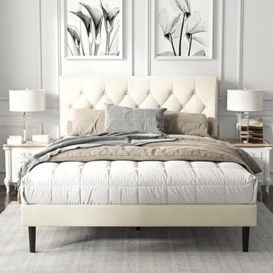 HAOARA Queen Size Platform Bed Frame with Upholstered Button Tufted Headboard, Mattress Foundation with Wooden Slat Support, Noise Free, No Box Spring Needed, Easy Assembly, Beige Velvet - Image 1