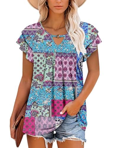 Womens Short Sleeve Shirt Double Ruffle Sleeve Tunic Top Blue Block XL - Image 2