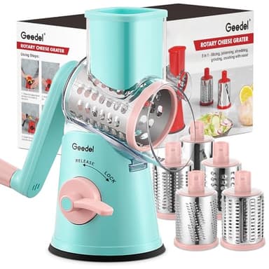Geedel Rotary Cheese Grater Cheese Shredder - Upgraded 5-in-1 Cheese Grater with Handle and Strong Suction Base, Multi-purpose Vegetable Slicer Ice Shaver Nuts Grinder for Ice, Vegetables, Fruit, Nuts - Image 1