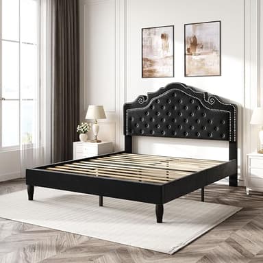 SHA CERLIN Queen Bed Frame with Adjustable Headboard/Velvet Upholstered/Diamond Button Tufted and Metal Studs/No Box Spring Needed/Wood Slat Support/Easy Assembly/Black - Image 9