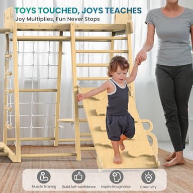 Upgraded Indoor Jungle Gym 9-in-1 Playground Kids Climbing Toys, Montessori Philosophy Waldorf Style Wooden Climber Playset with Slide, Swing, Monkey Bars, Upright/Rope Ladder, Climb Net, Natural Wood - Image 6