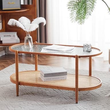 VINGLI 38" Rattan Oval Coffee Table, Water-Wave Glass Metal Center Table, Modern Coffee Table with 2-Tier Storage, Farmhouse Coffee Table for Living Room and Small Space, Natural Vibe - Image 7