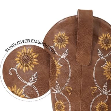 Bybmorto Tan Cowboy Boots for Women - Mid Calf Western Sunflower Cowgirl Boots with Floral Embroidery, Square Toe Stitched Pull On Retro Design, Perfect for Country Idyll, Concerts and More Size 8 - Image 3