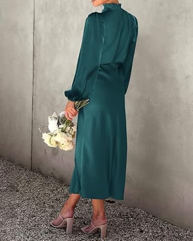 BTFBM Womens Mock Neck Satin Dress Summer Fall 2025 Long Sleeve High Waist Formal Wedding Party Maxi Cocktail Dresses(Dark Green, X-Large) - Image 5