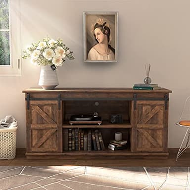 JUMMICO TV Stand for 65 Inch TV, Entertainment Center with Storage Cabinets and Sliding Barn Doors, Mid Century Modern Media TV Console Table for Living Room Bedroom (Rustic Oak) - Image 2