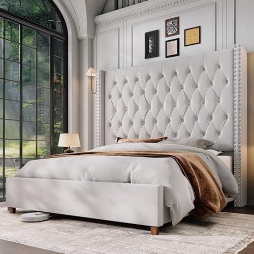 Jocisland King Size Bed Frame with 61.4" Tall Headboard, Velvet Upholstered Wingback Platform Design, Handcrafted Pleats& Deep Button Tufted, Solid Wood Legs, No Box Spring Needed, Cream - Image 1