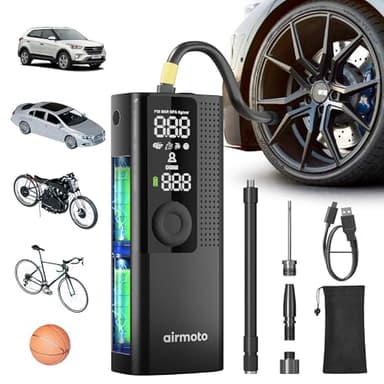 Airmoto Tire Inflator Portable Air Compressor - Air Pump For Car Tires with Digital Pressure Gauge, LED Light and Auto Shut-Off Function - Cordless Pump for Car, Motorcycle, Bicycle, Balls and More - Image 1