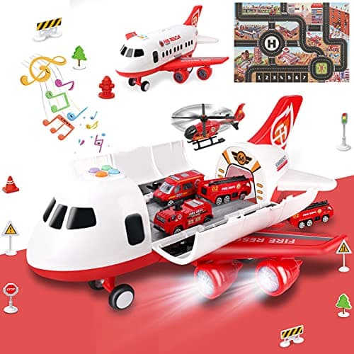 Dwi Dowellin Airplane Toy with Fire Truck Cars and Play Mat,Plane with Lights and Sounds for 3 + Years Old Boys and Girls - Image 1